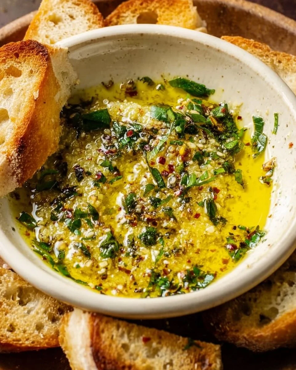 Delicious garlic olive oil dip in a small bowl with herbs and bread for dipping
