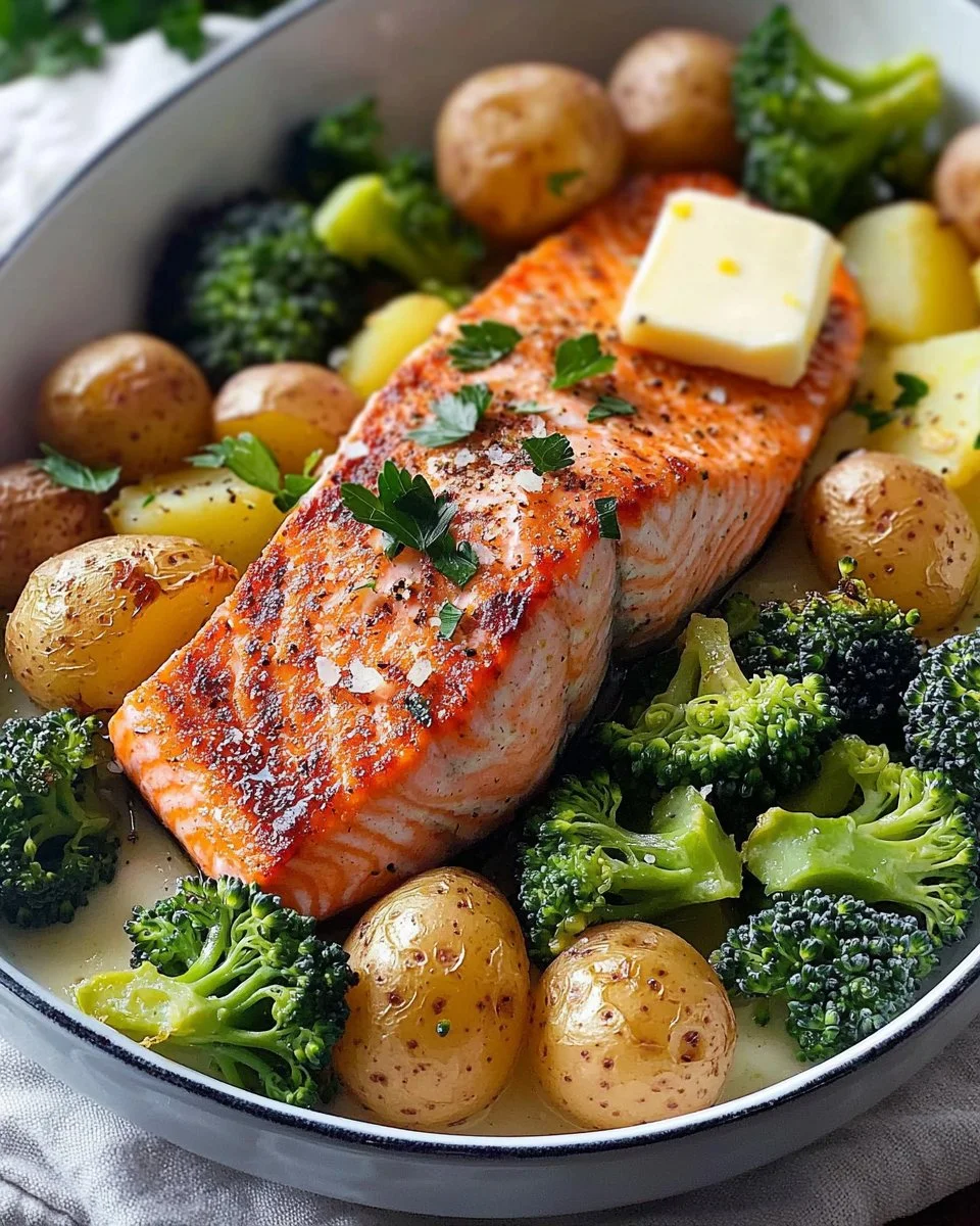 Baked Salmon with Crispy Potatoes and Broccoli