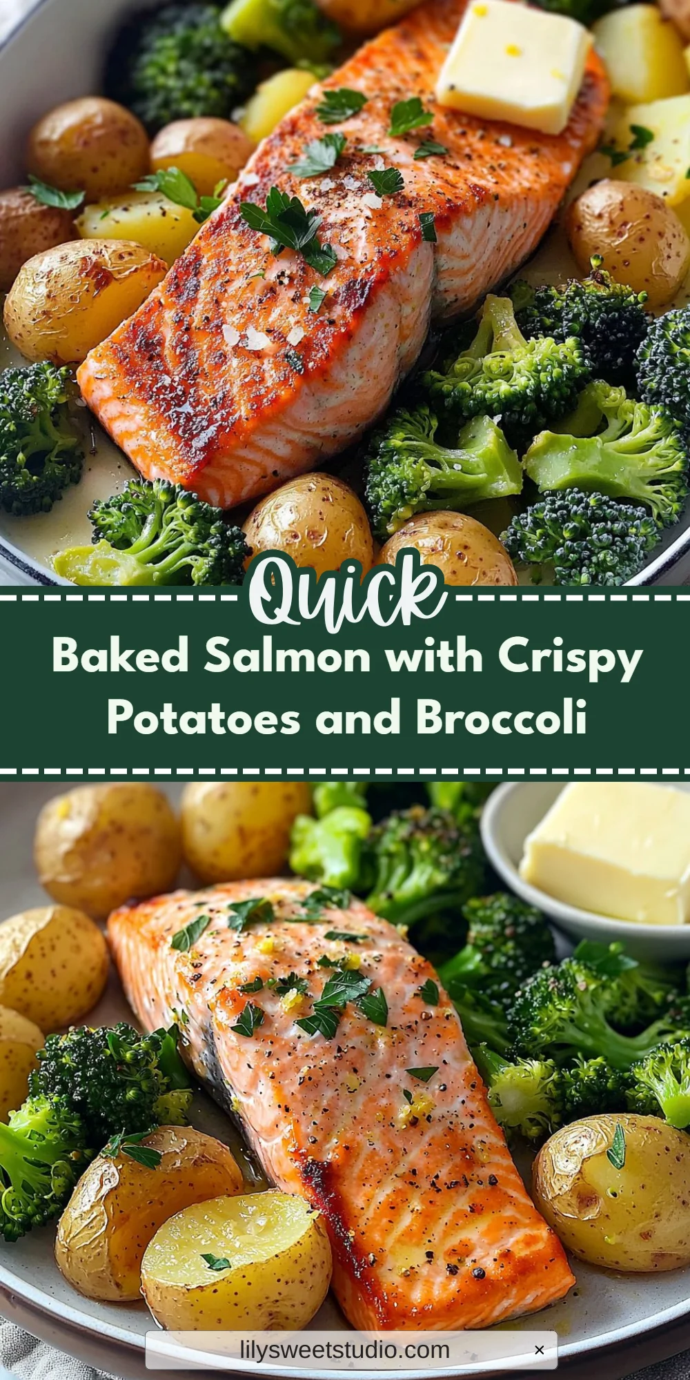 Baked Salmon with Crispy Potatoes and Broccoli