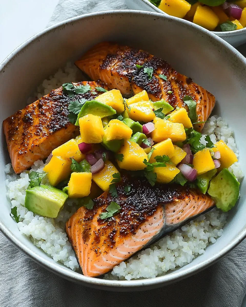 BBQ Salmon Bowls with Mango Avocado Salsa