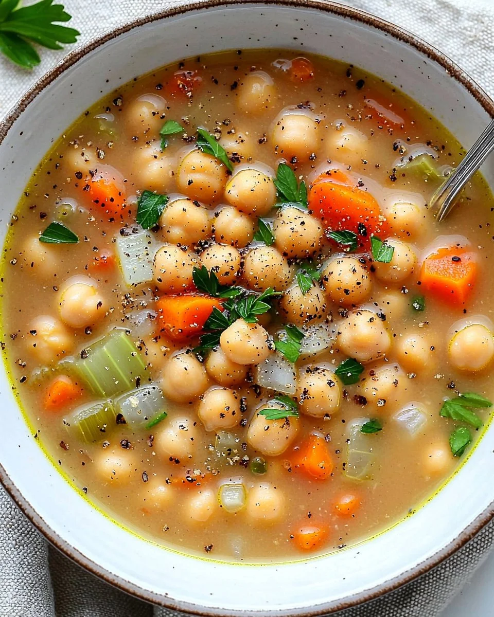 A bowl of delicious chickpea and white bean soup garnished with herbs