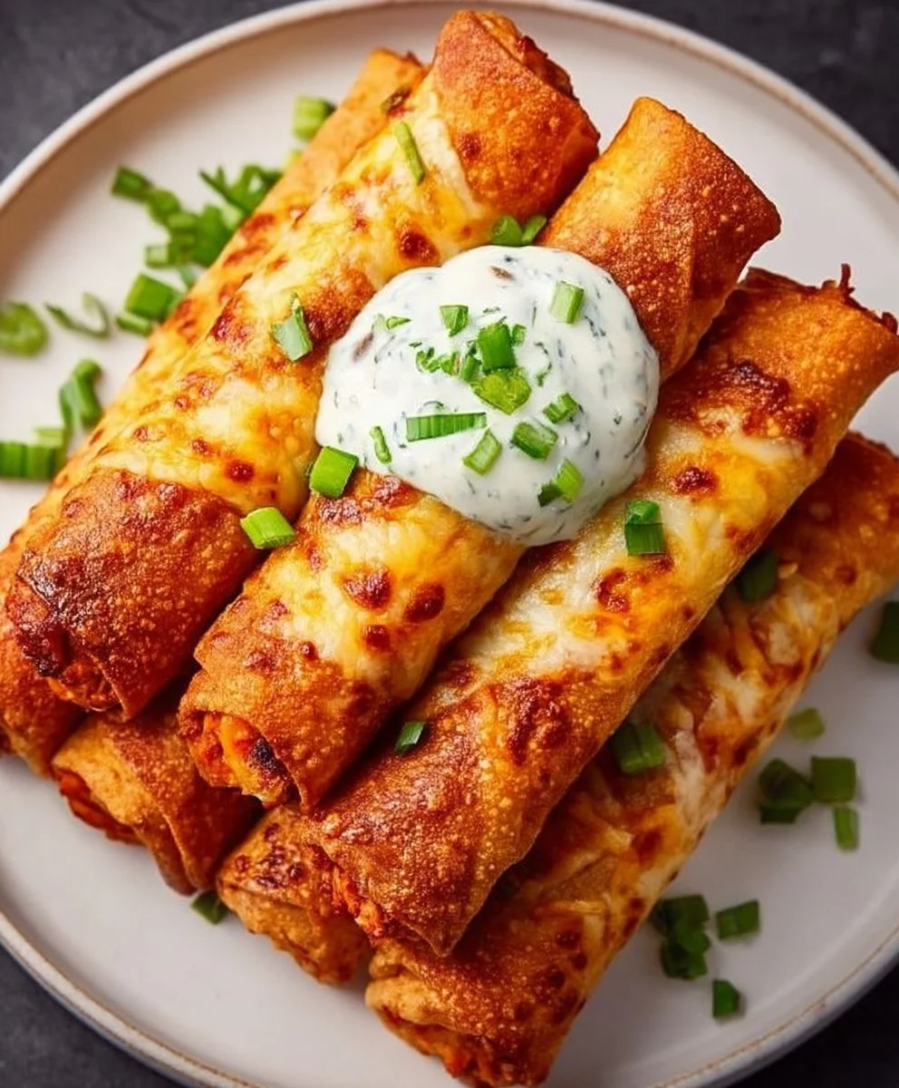 Homemade Buffalo Chicken Taquitos served with dipping sauce