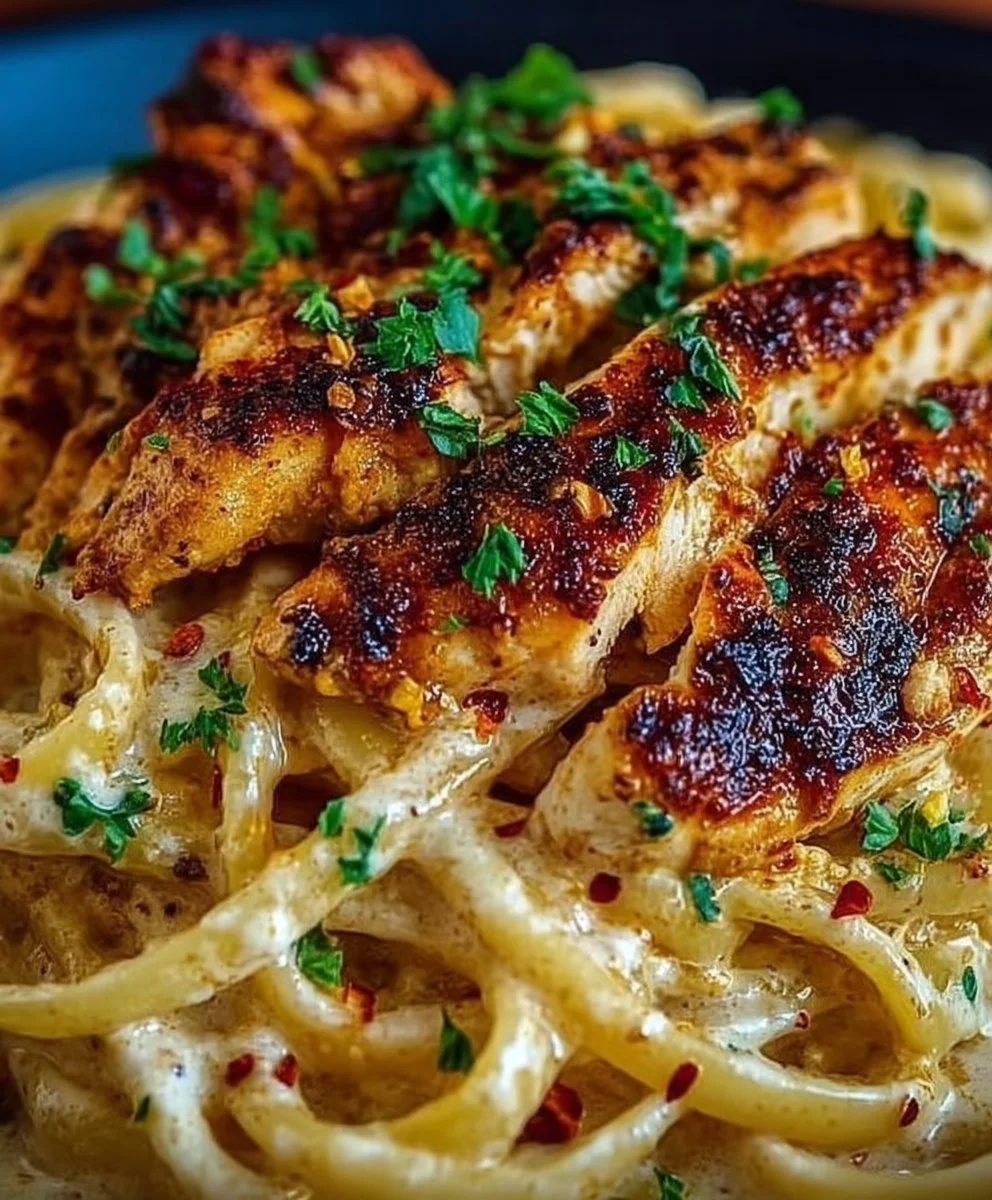 Cajun Chicken served with creamy Parmesan linguine pasta in a bowl