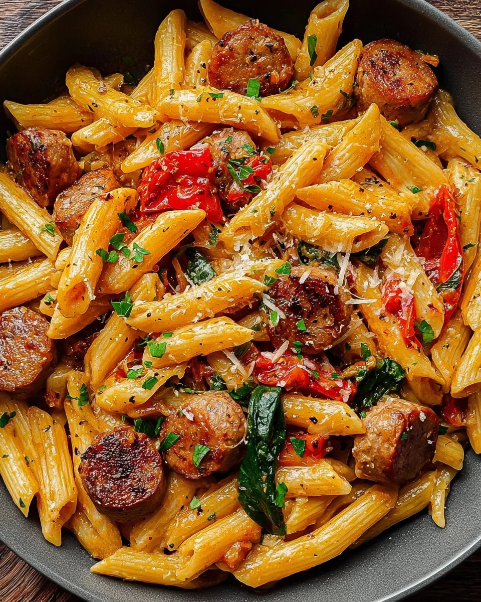Delicious Cajun Sausage Pasta served in a bowl with spices and herbs
