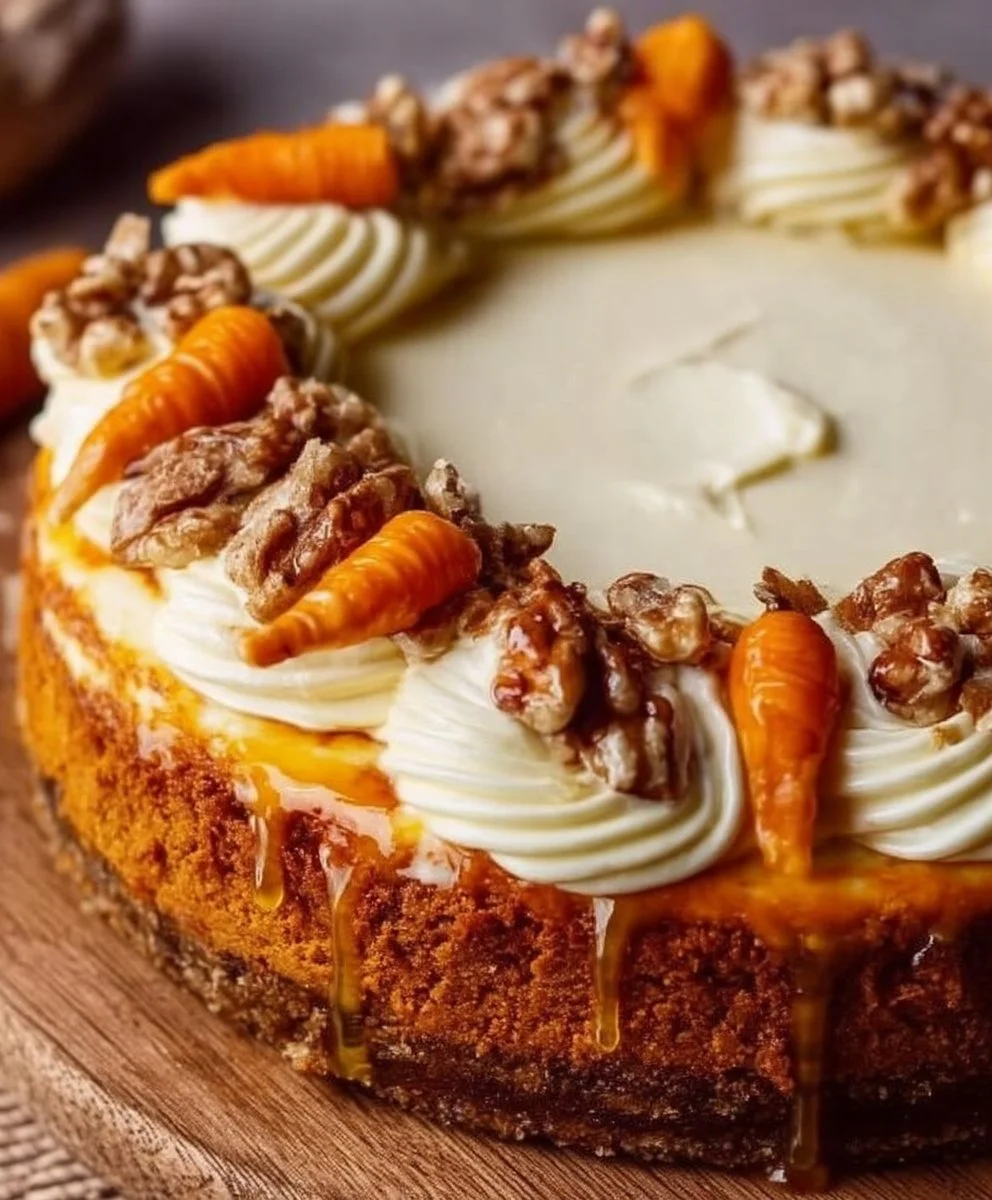 Slice of delicious carrot cake cheesecake garnished with cream cheese frosting