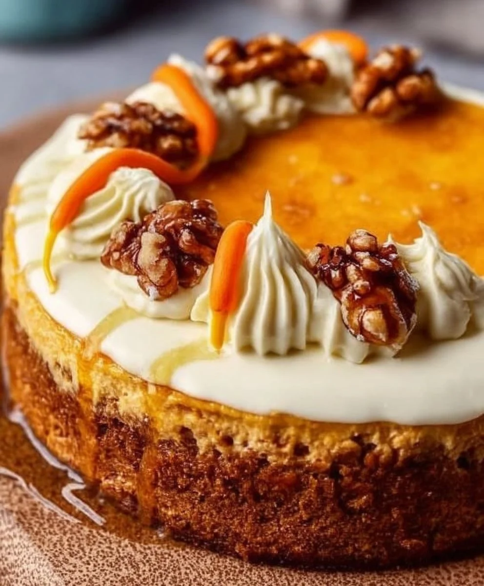 Delicious carrot cake cheesecake with cream cheese frosting and carrot decorations