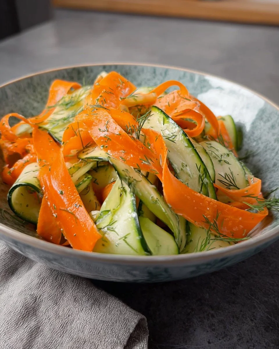 Freshly prepared Carrot & Cucumber Ribbon Salad with colorful vegetable ribbons