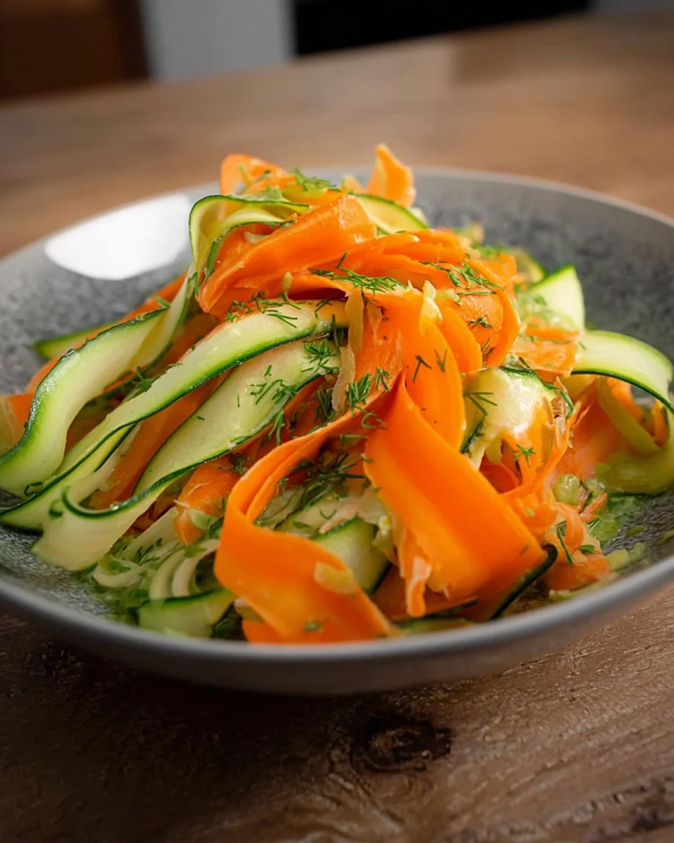 Carrot and cucumber ribbon salad garnished with fresh herbs and served in a bowl