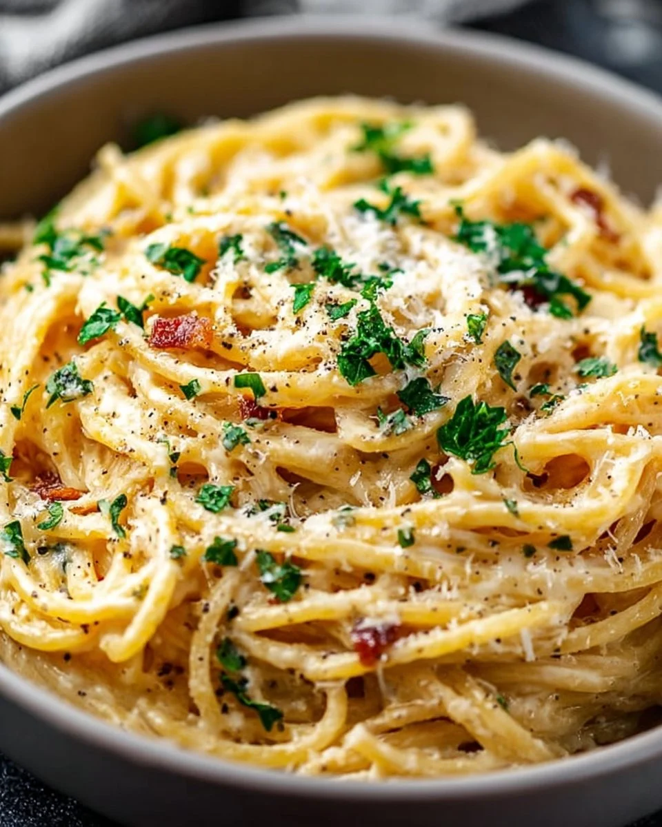 A bowl of cheesy garlic parmesan spaghetti garnished with parsley