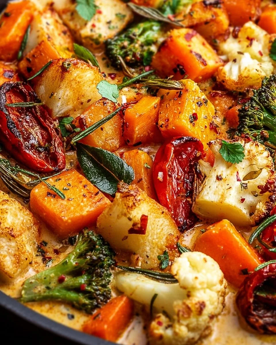 Cheesy Marry Me Roasted Vegetable Medley with colorful veggies and melted cheese