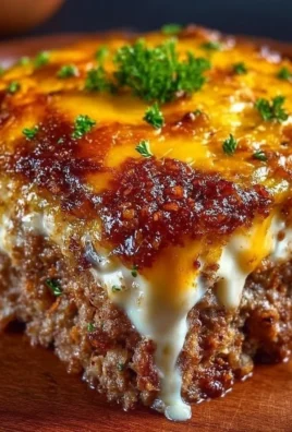 Cheesy Meatloaf Casserole topped with melted cheese and herbs
