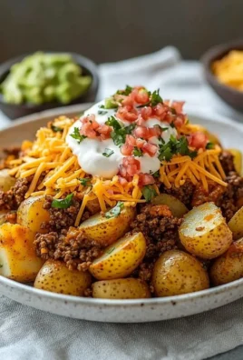 Cheesy taco potatoes topped with cheese, sour cream, and salsa.