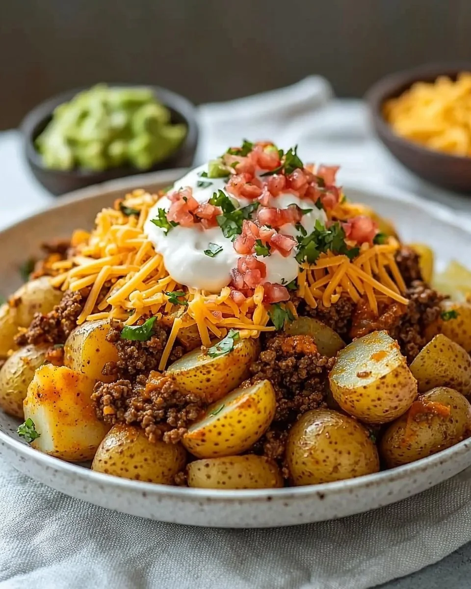 Cheesy taco potatoes topped with cheese, sour cream, and salsa.