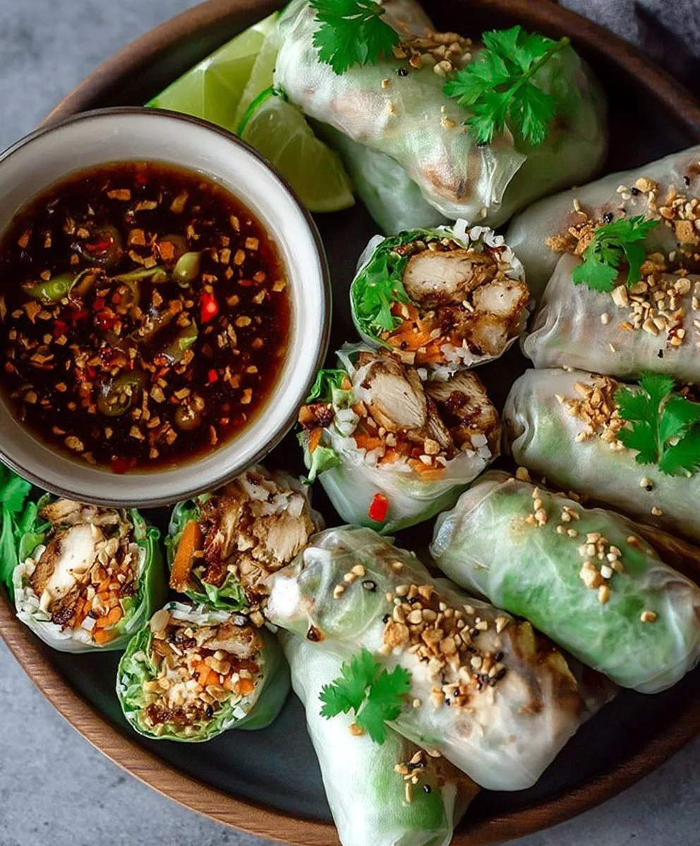 Crispy Chicken Spring Rolls served with dipping sauce on a plate