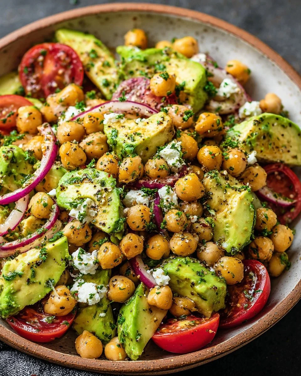 Chickpea Feta Avocado Salad served in a bowl