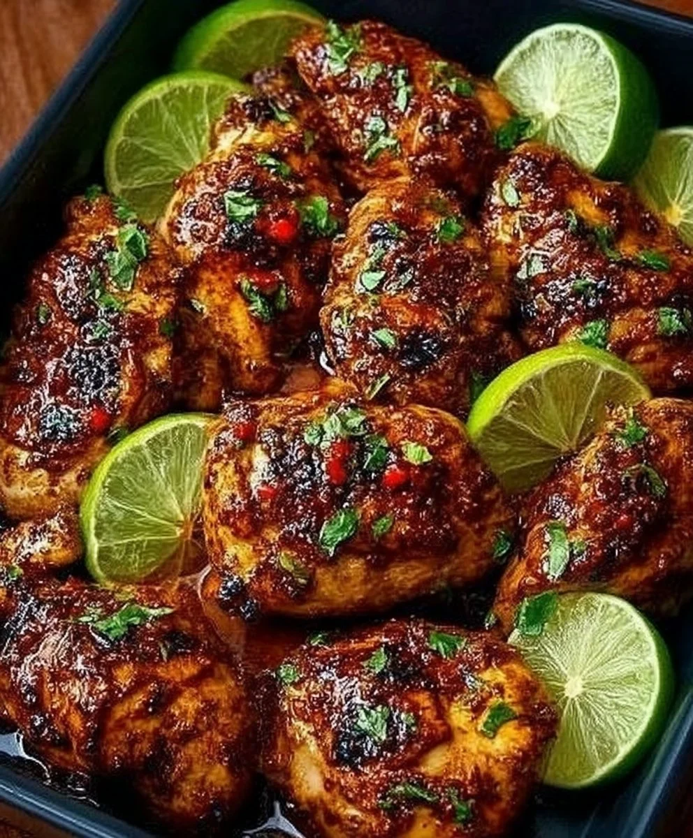 Plate of Chili Lime Chicken garnished with lime slices and cilantro
