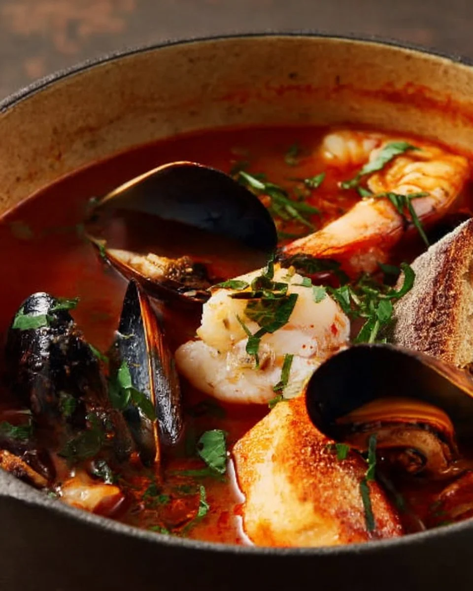 Bowls of delicious Cioppino seafood stew with fresh ingredients.
