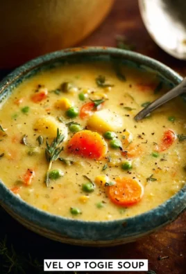 A bowl of creamy vegetable soup with fresh ingredients and herbs on a wooden table.