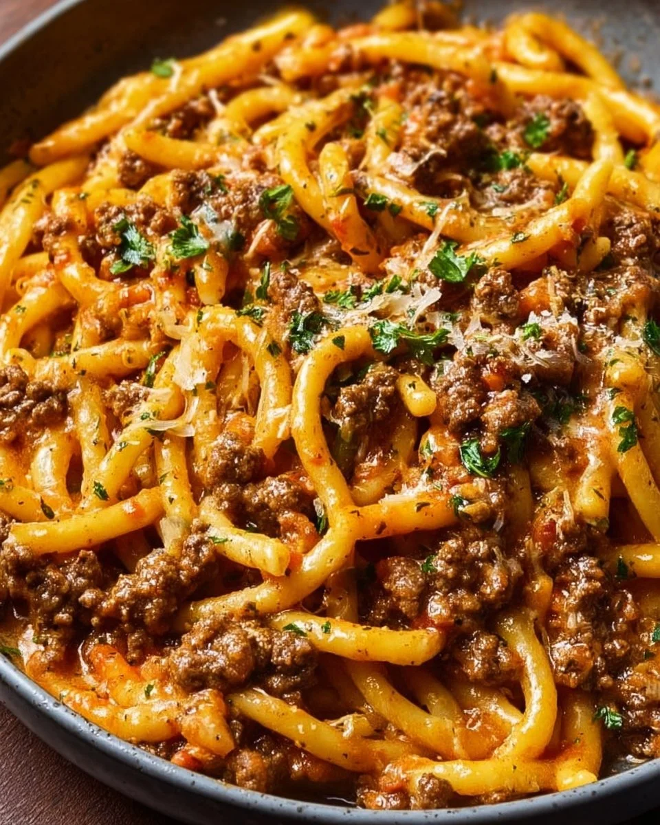 Creamy beef pasta served in a bowl with herbs and grated cheese
