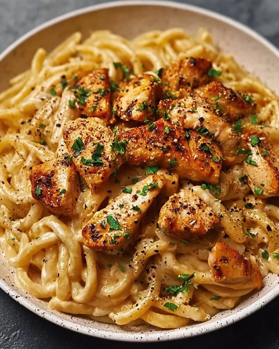 Delicious creamy Cajun Chicken Pasta with spices and herbs in a bowl