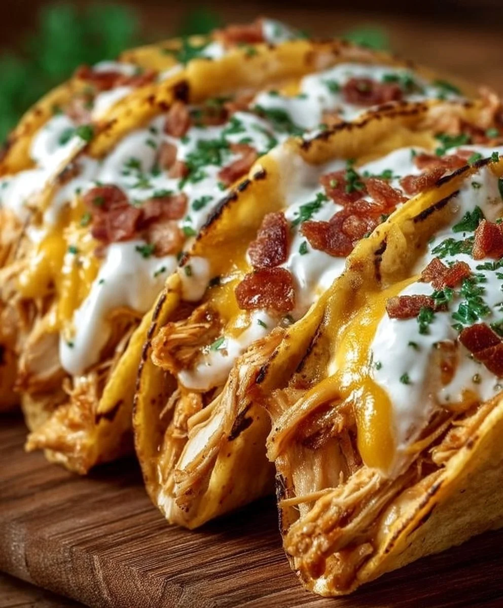Creamy cheddar ranch chicken tacos topped with fresh ingredients