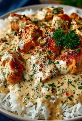 Creamy chicken and rice dish garnished with herbs and vegetables