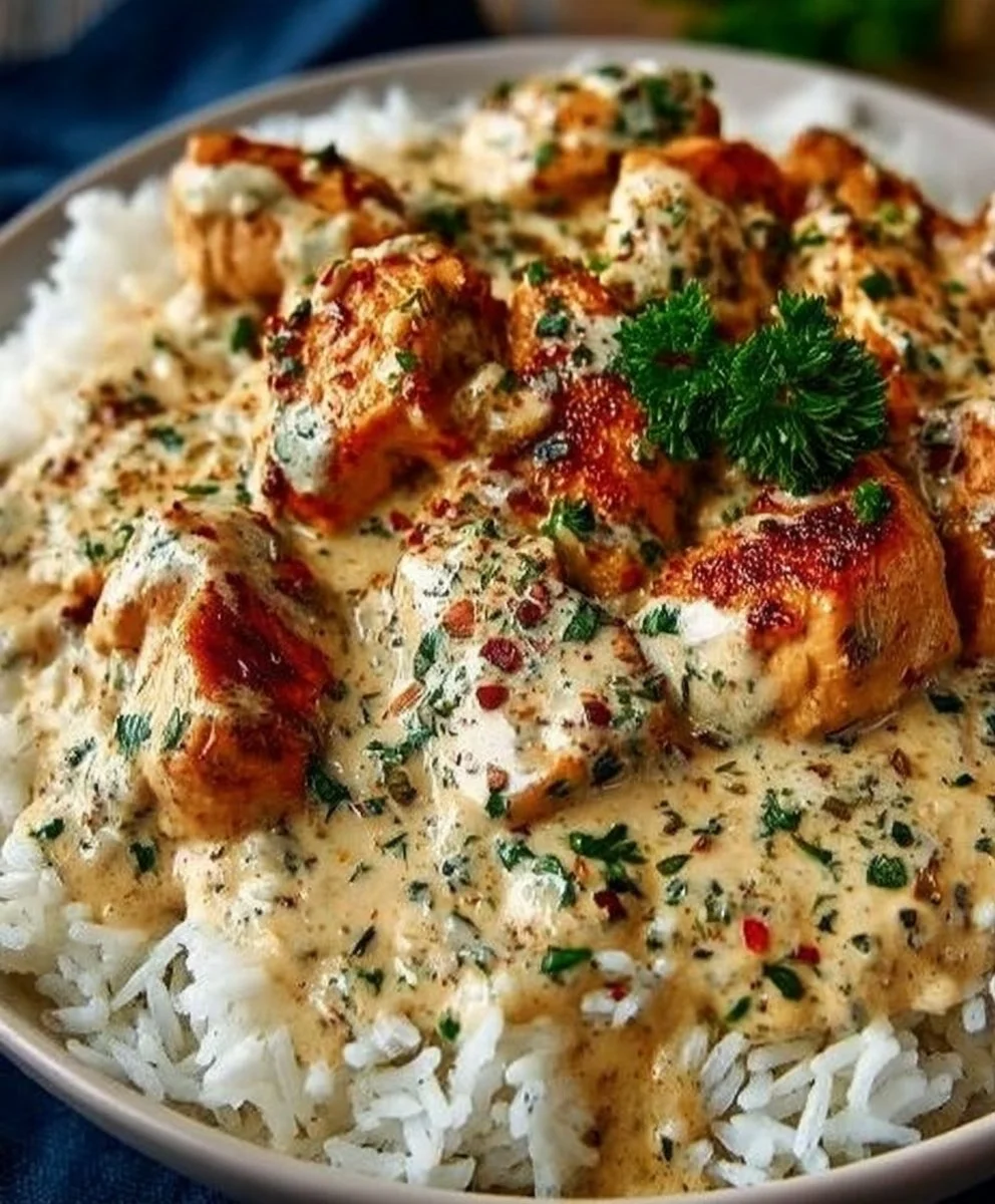 Creamy chicken and rice dish garnished with herbs and vegetables