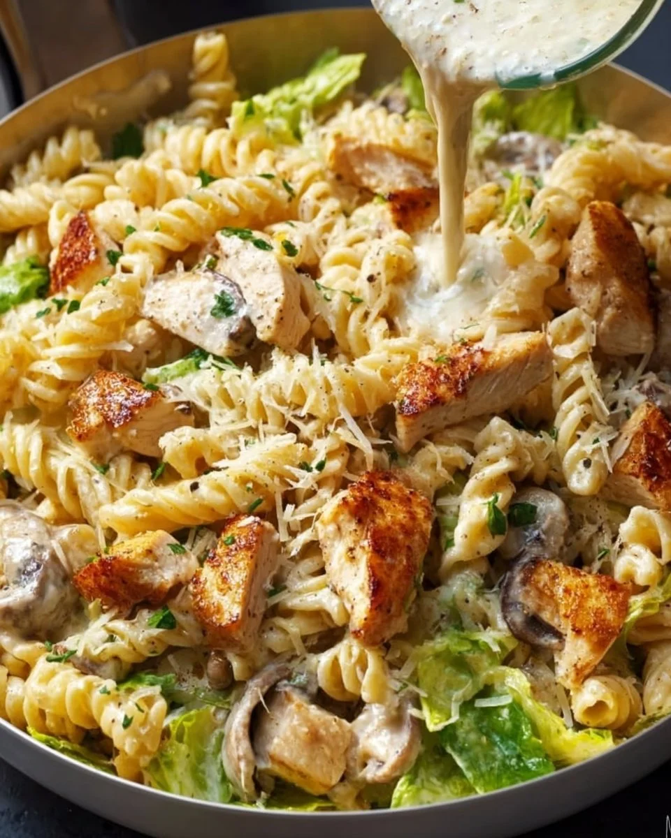 Plate of creamy chicken pasta garnished with herbs and cheese