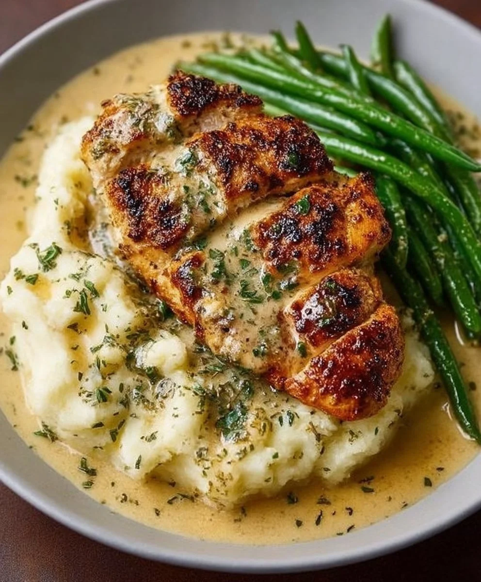 Creamy Garlic Parmesan Chicken Breast garnished with herbs and spices