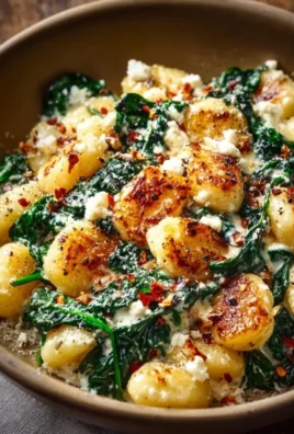 Creamy gnocchi dish with spinach and crumbled feta cheese on a plate