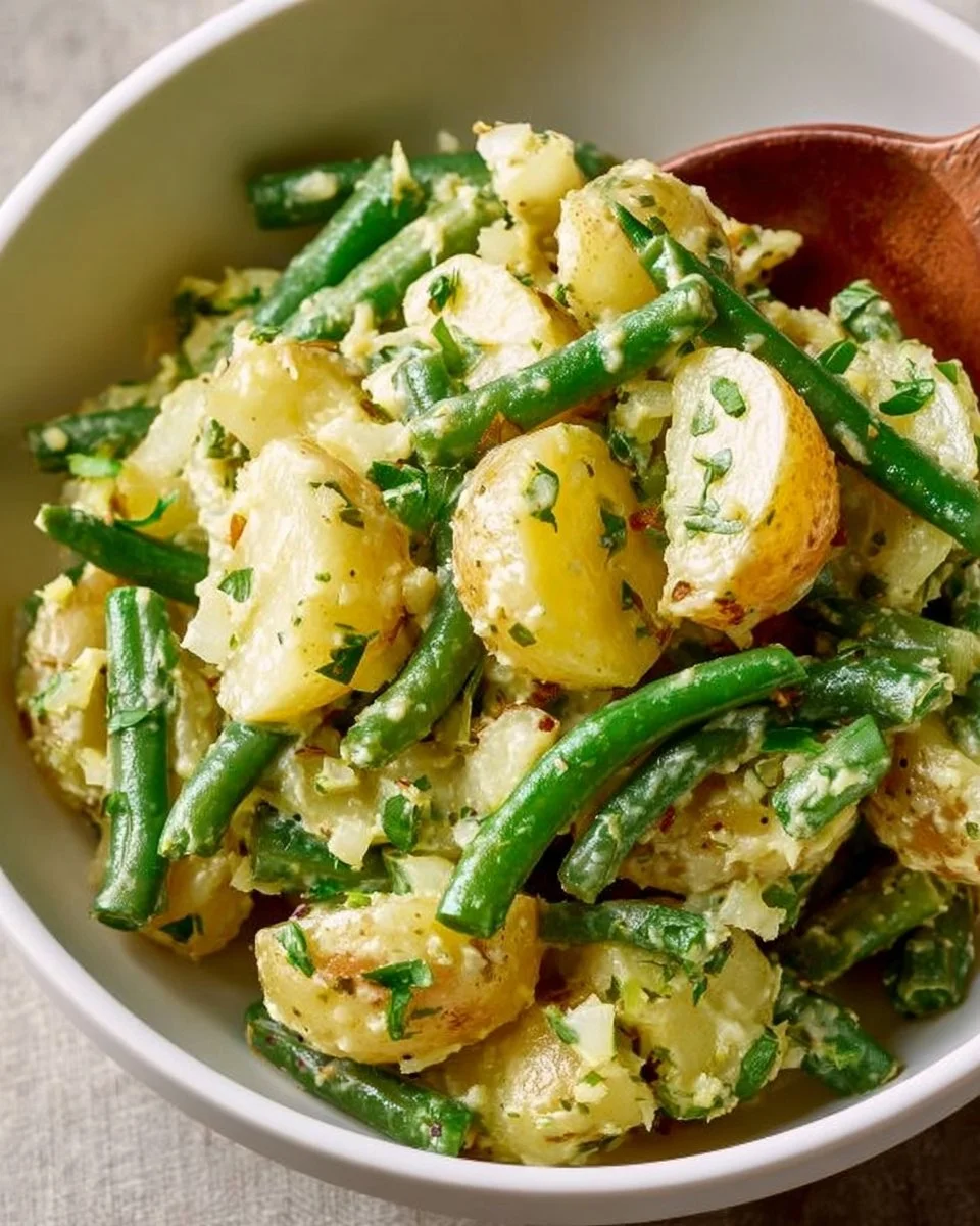 Creamy green bean potato salad with vibrant vegetables in a bowl