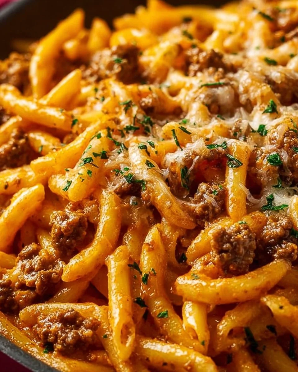 Creamy high protein beef pasta served in a bowl with herbs