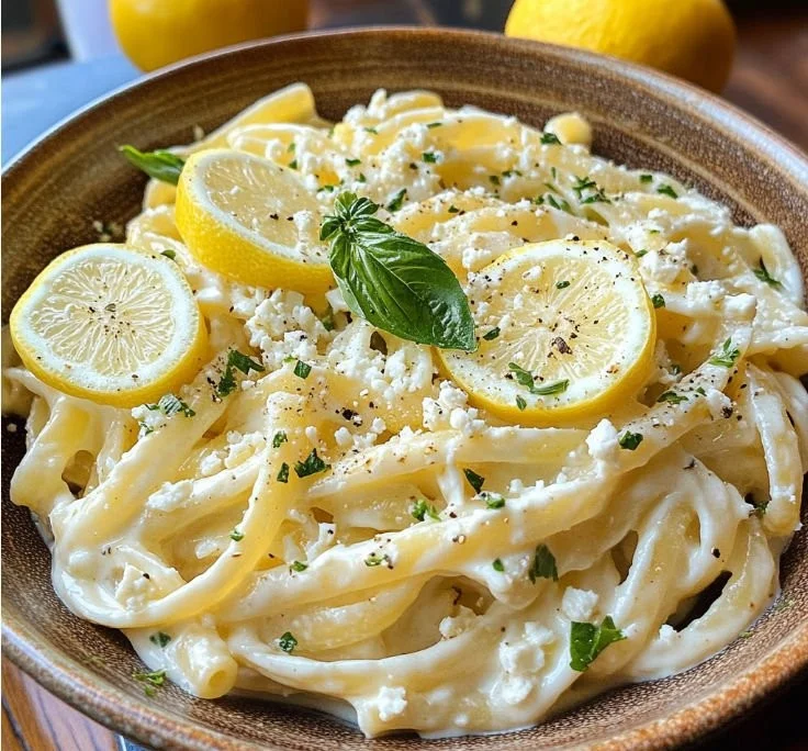 Creamy Lemon Feta Pasta dish garnished with fresh herbs
