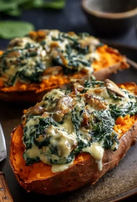Creamy mushroom and spinach stuffed sweet potatoes on a plate
