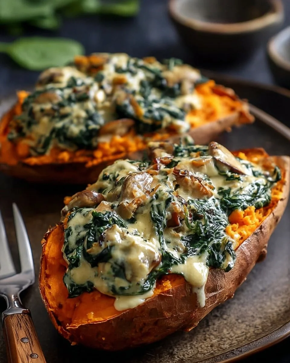 Creamy mushroom and spinach stuffed sweet potatoes on a plate
