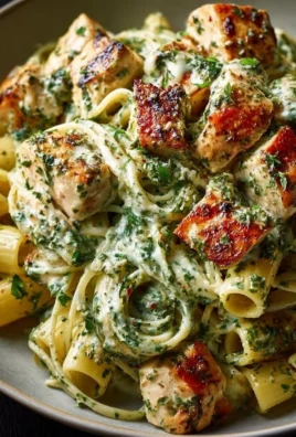 Creamy pesto chicken pasta topped with fresh herbs and parmesan cheese.