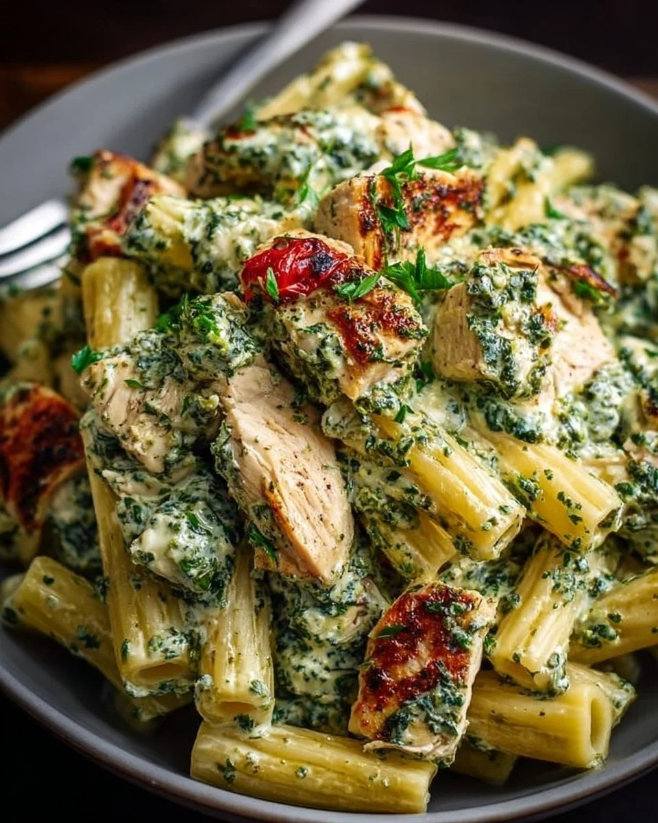 Delicious creamy pesto chicken pasta served on a plate with fresh basil.