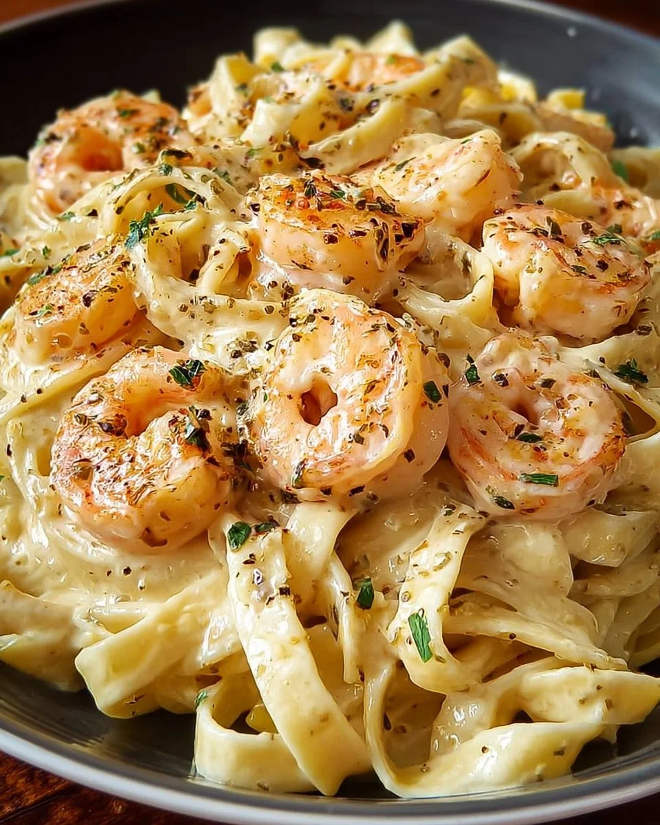 Creamy shrimp fettuccine pasta with homemade Alfredo sauce in a bowl