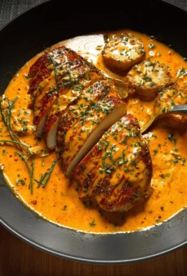 Creamy tomato chicken breast served on a plate with fresh herbs and side vegetables