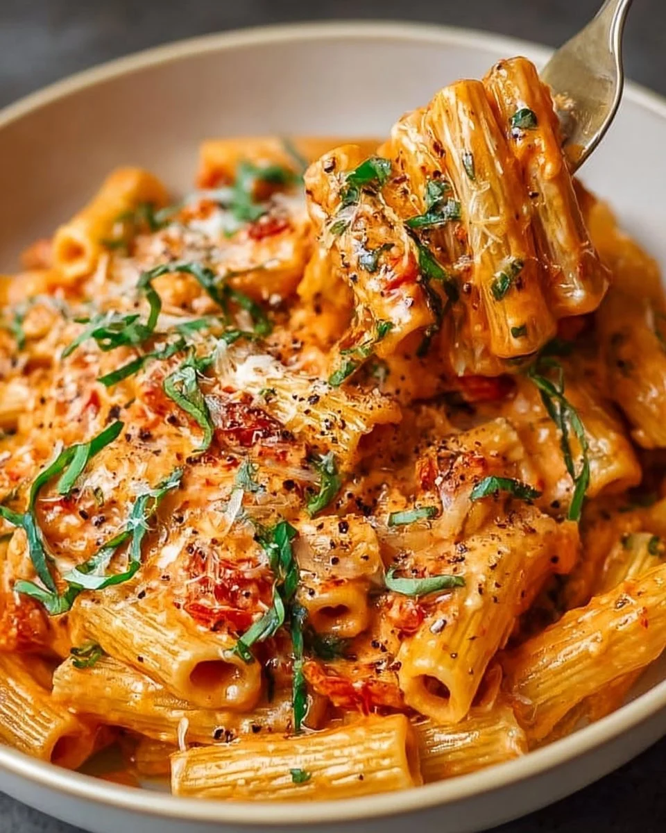Creamy tomato garlic pasta dish with fresh ingredients and herbs