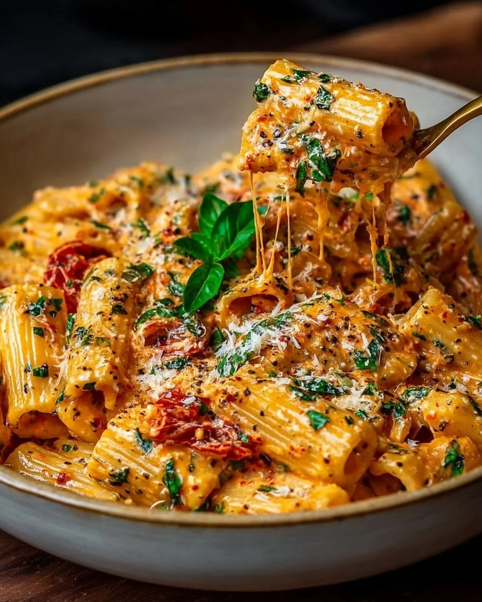 Creamy tomato garlic pasta bowl topped with fresh basil and parmesan cheese.