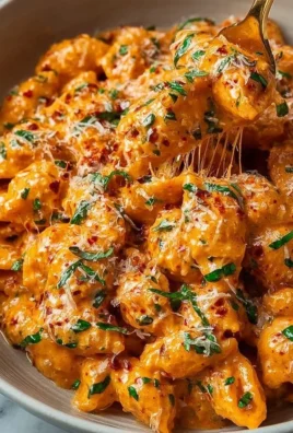 Creamy tomato garlic pasta dish garnished with fresh herbs