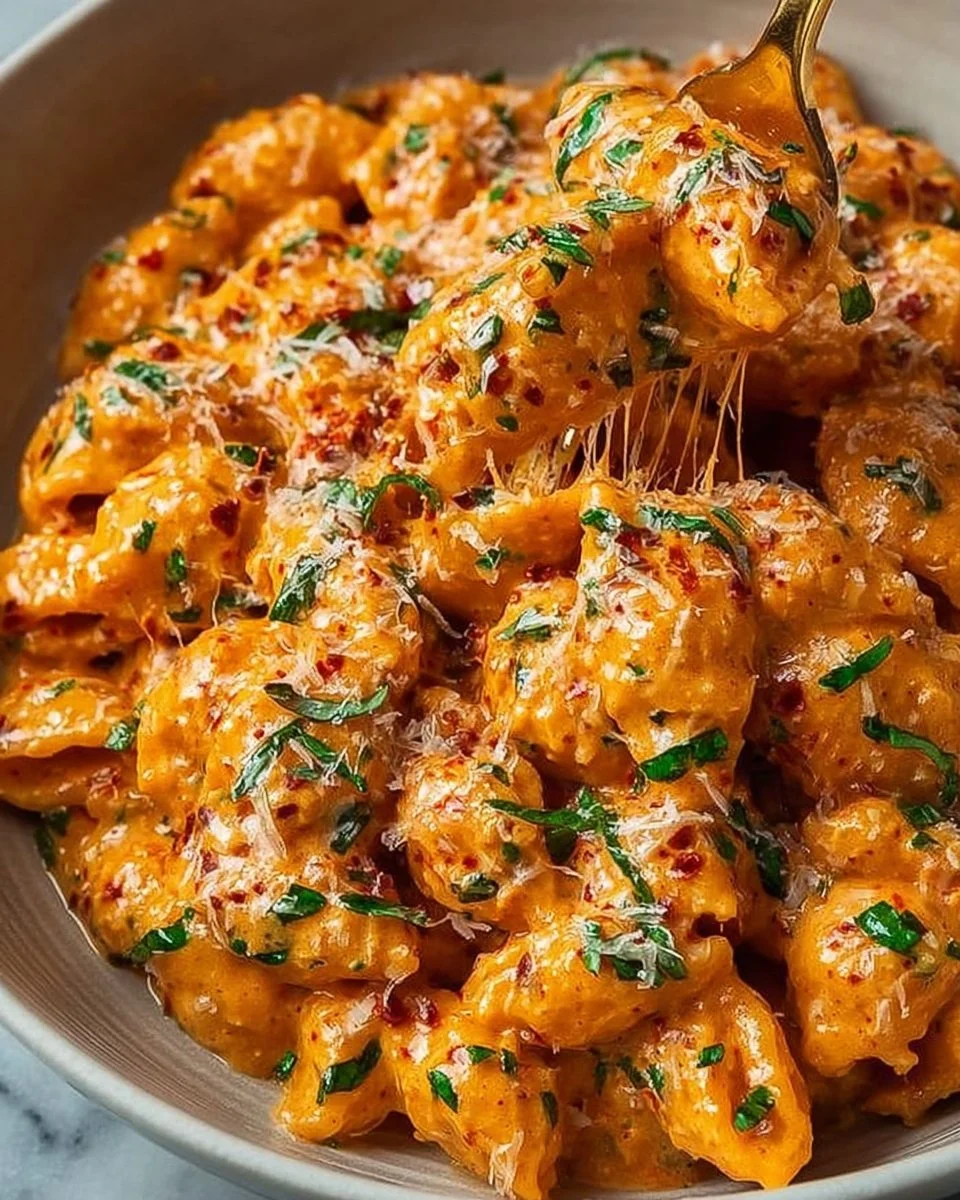 Creamy tomato garlic pasta dish garnished with fresh herbs