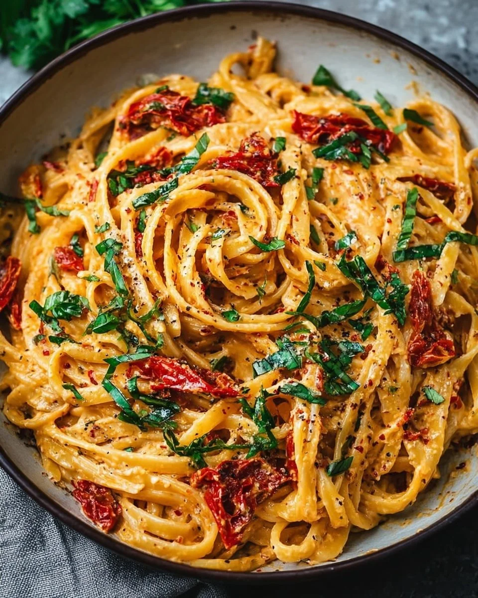 Creamy vegan pasta with sun-dried tomatoes garnished with leafy greens