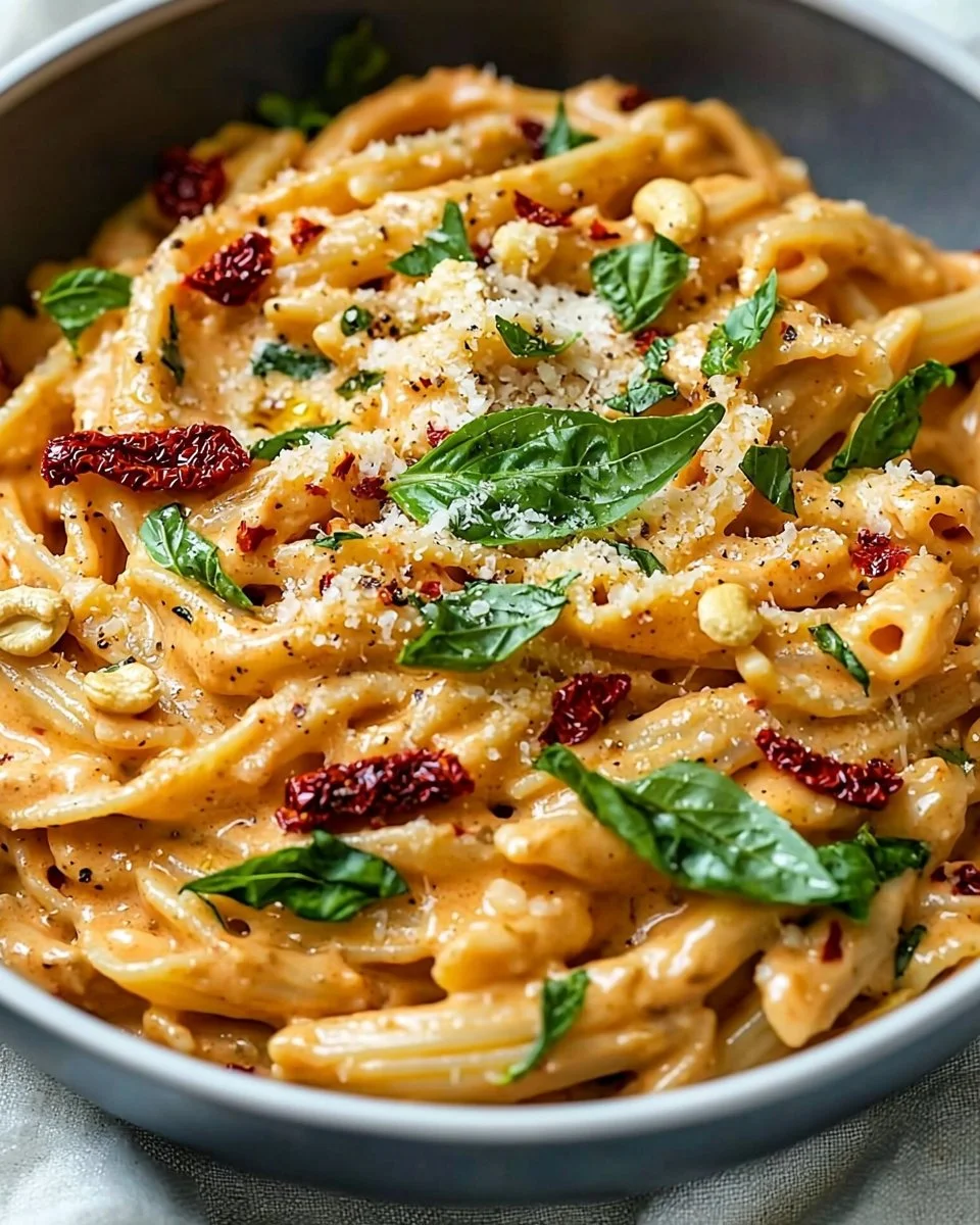 Creamy vegan sun-dried tomato pasta dish served in a bowl
