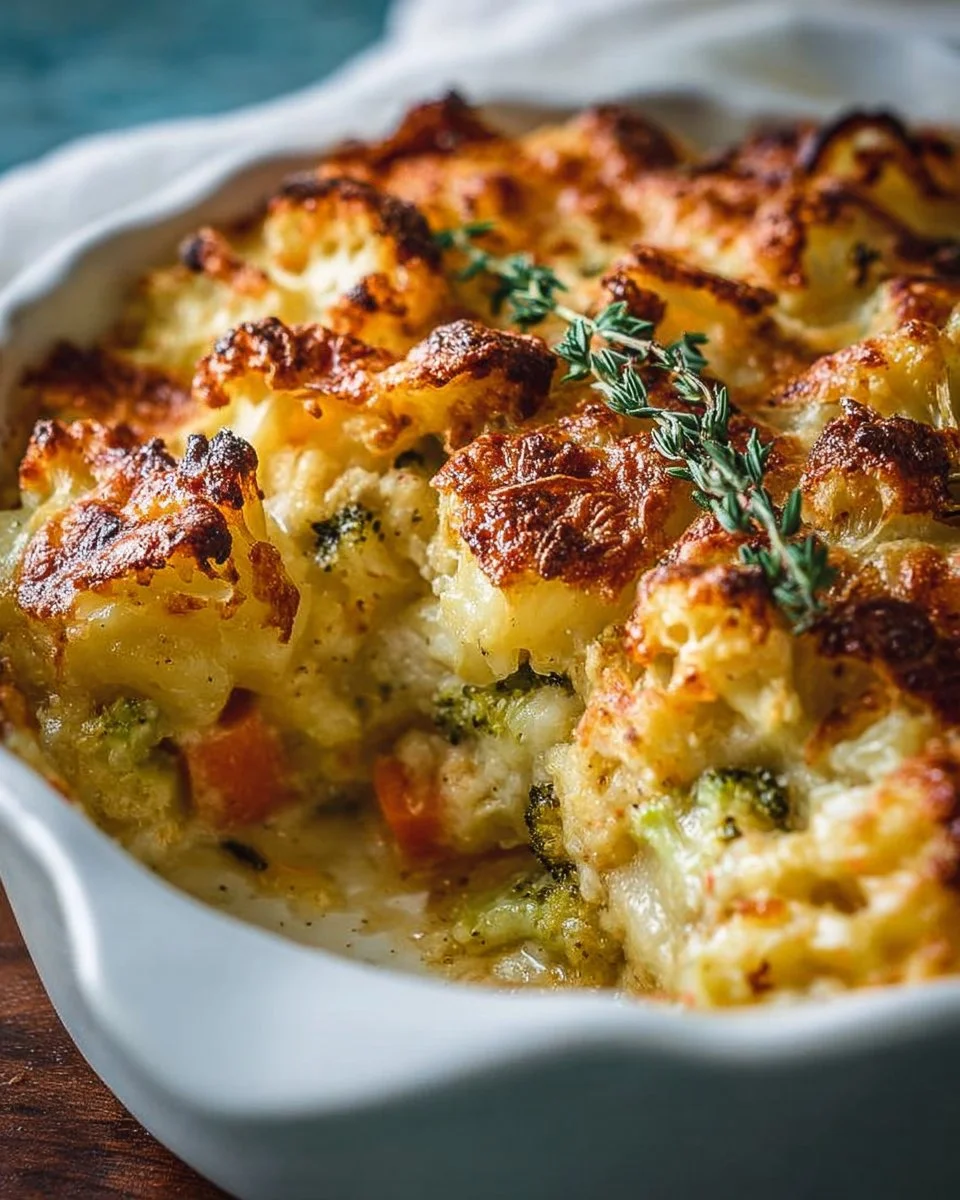Creamy winter vegetable casserole topped with breadcrumbs and herbs.