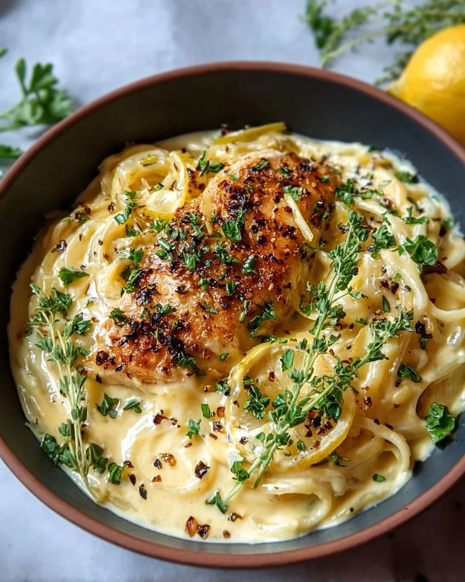 Creamy lemon garlic sauce served over pasta with fresh herbs