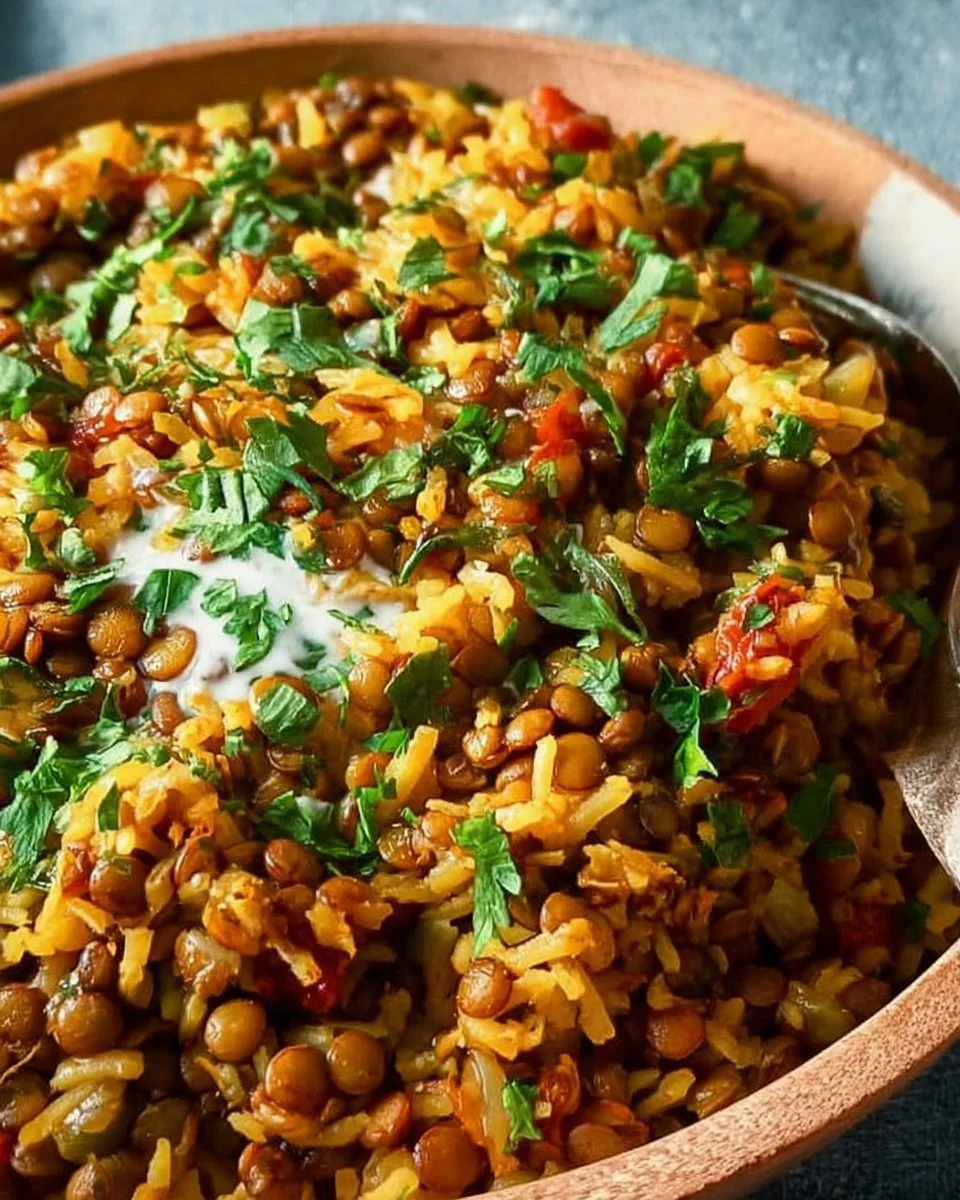 Bowl of easy Mediterranean lentils and rice garnished with fresh herbs
