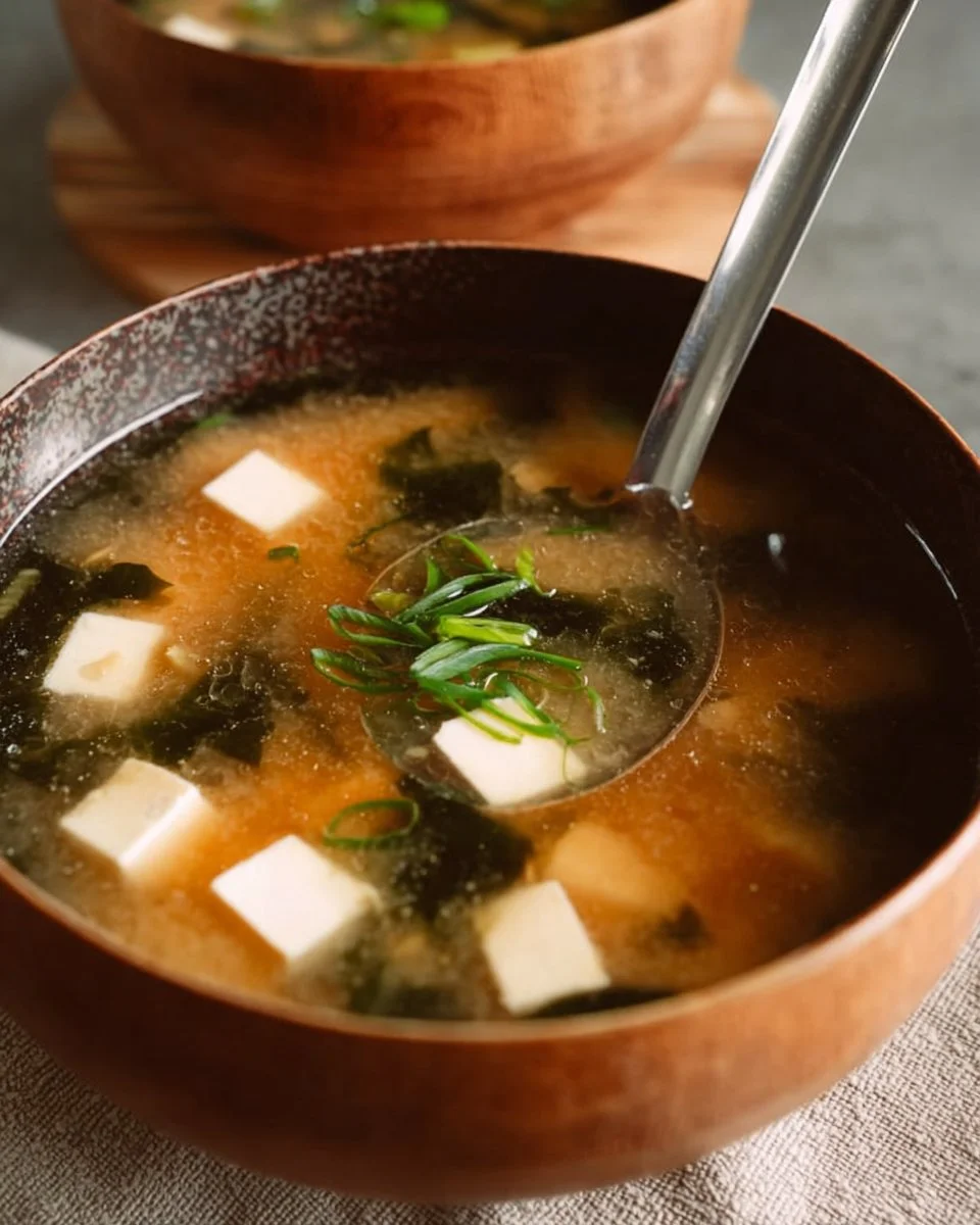 Bowl of easy gluten-free miso soup garnished with green onions and seaweed.