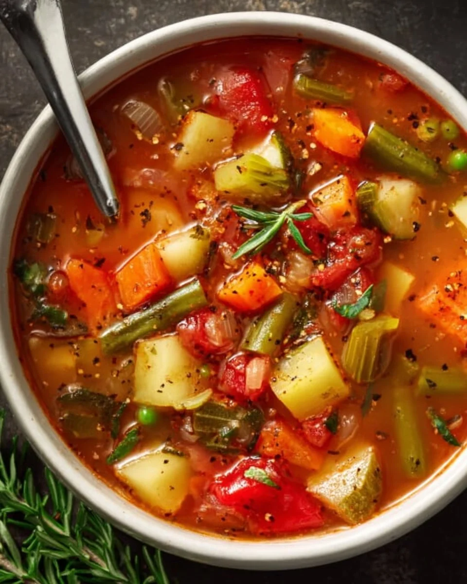 bowl of easy vegetable soup with fresh vegetables and herbs
